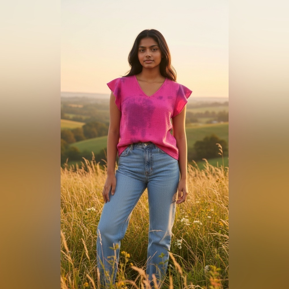 NWT-Pink Tie-Dye Y2K Women's Top
Linen crêpe, whimsical
ruffle sleeveless Top